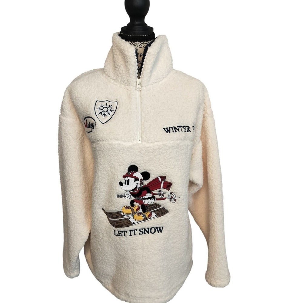 Disney Mickey Sherpa Fleece Quarter Zip Pullover Winter Ski  Women's L  NWT‎